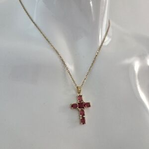 Gold Plated Pink Gemstone Cross Necklace